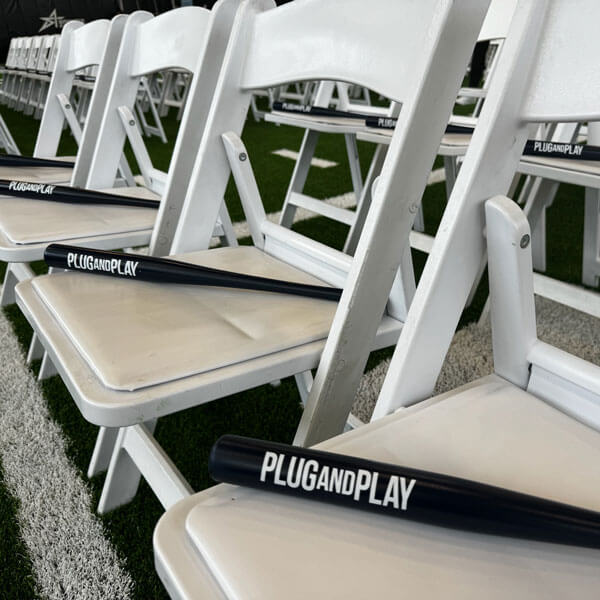 Rental chairs and Custom Branded accessories for Plugs Play event in Dallas, TX